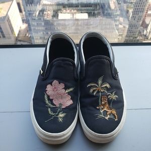 Black Slip-on Vans with embroidered tiger & flower